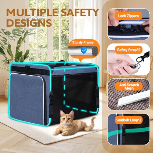Side Expandable Extra Large Cat Carrier with Litter Box and Wheels (Blue with wheels)
