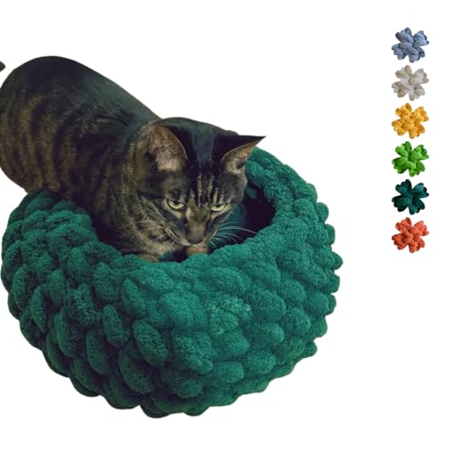 Cat Nest Bed Handwoven Washable Round Cave Kitten (DGreen / Medium)