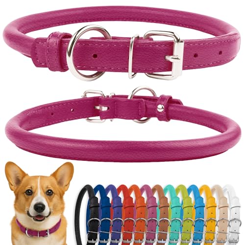 Tangle Free Rolled Leather Dog Collar (Pink / L)
