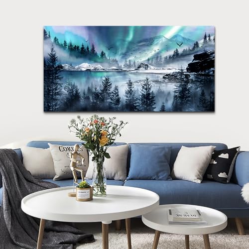 Modern Canvas Wall Art For Office Large Wall Decorations For Living Room Stretched And Framed Canvas Prints Paintings Blue Aurora Scenery Wall Pictures Artwork Hotel Mural Ready To Hang (60"L x 30"W / Blue Aurora Scenery Wall Pictures)