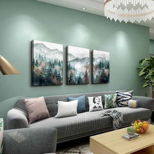 Farmhouse Wall Art For Bedroom Wall Decor For Living Room Wall Pictures for Office Fog Forest Mountain Landscape Watercolour Painting Artwork Modern Home Decorations Ready To Hang 3 Piece (12x16inches*3pcs / Foggy Forest Trees Landscape Pictures)