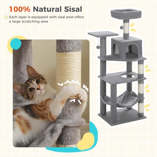 56.3in Multi Level Cat Tree for Indoor Cats (Plush Grey / Air(19.7"L x 15.8"W x 56.3"H))