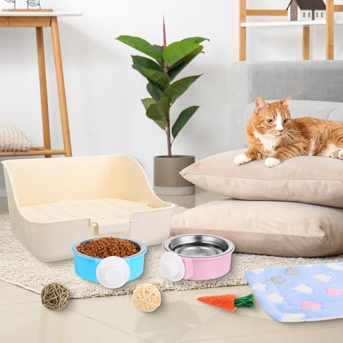 15 Pcs Rabbit Starter Kit Small Rabbit Litter Box Girls Gift Animal Grooming Kit Bunny Toys Bowl Blankets with Cleaning Set for Guinea Pig Accessories (Multicolor)