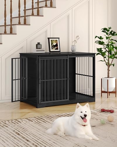 46.9" XXL Dog Crate Furniture Indoor Dog Kennel with Barn Door (46.9"L x 28.3"W x 34.6"H / Black)