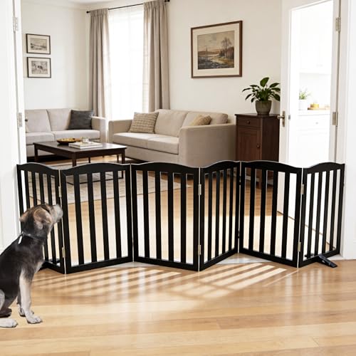 Foldable Freestanding Indoor Dog Gate for House Wood White Long Pet Gates Dog Fence for Stairs Puppy Gates for Hallways (Black / 【6 Panels】120''w X 24''h)