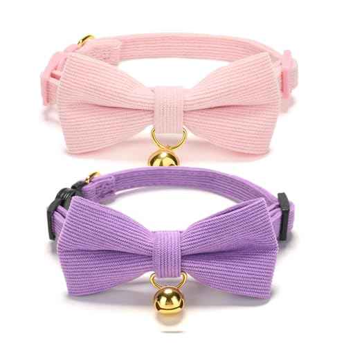 2 Pack Soft Corduroy Cat Collars with Bow Tie & Bell (XS:Neck 6" - 9.4" / Corduroy-Pink Purple)