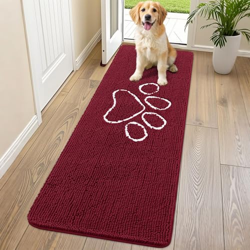 Dog Door Mat for Muddy Paws (70"X24" / Burgundy and White)