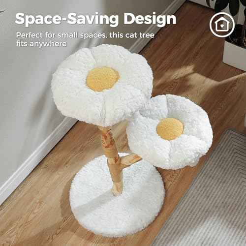 Modern Flower Cat Tree with Real Wood Branches & 2 Balls (Cloud White / 37.5" Solid Wood Cat Tree)