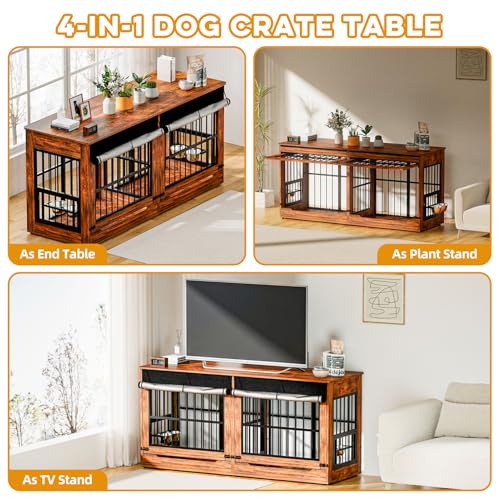 78" Double Dog Crate Furniture with Divider (Vintage Brown / 78.7"L x 27.6"W x 33.5"H)
