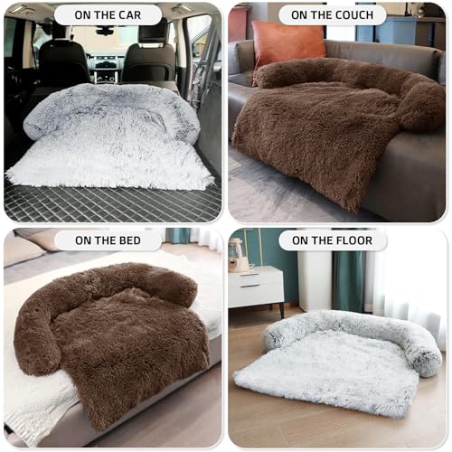 Calming Dog Bed Fluffy Plush Dog Mat for Furniture Protector with Removable Washable Cover for Large Medium Small Dogs and Cats (Coffee / 41.0"L x 37.0"W x 6.0"Th)