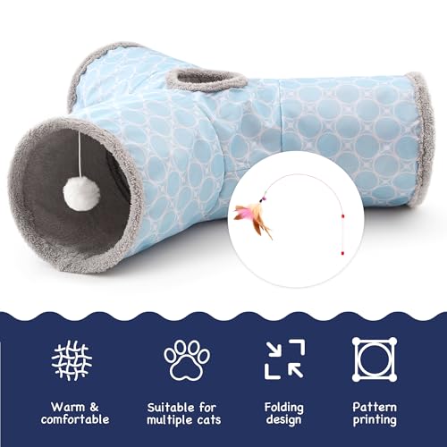 Cat Tunnel, 3-Way Collapsible Toy for Indoor Cats, Geometry Blue (Geometry Blue / Small)