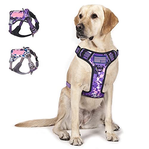 Tactical Dog Harness for Large Dogs No Pull (Purple Camo / L(Neck:19-25", Chest:21-35"))
