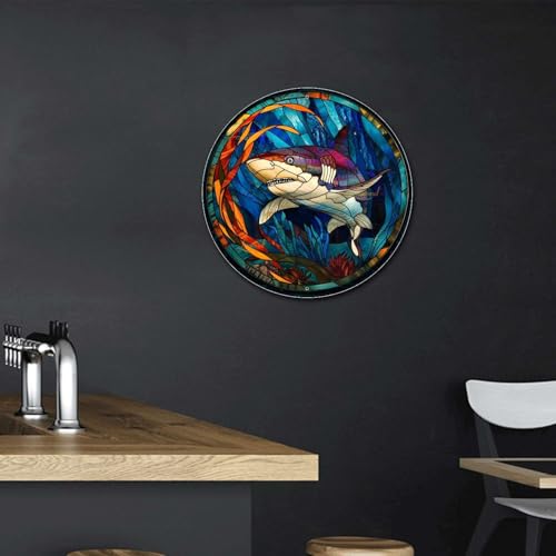 Metal Sign Tin Sign Circular Stained Glass Shark2 Tin Sign Paper for Pub 8×8 Inches (8×8 Inches / Shark-3)