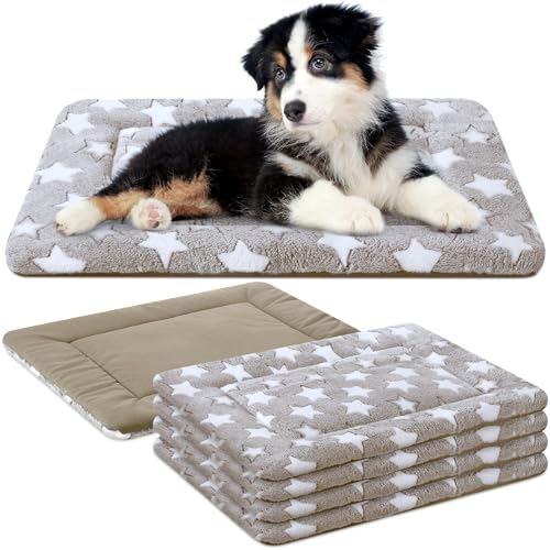 4 Pcs Dog Crate Pads Soft Warm (Rectangular 18 x 24 x 1.6 Inch / Star / Apricot)