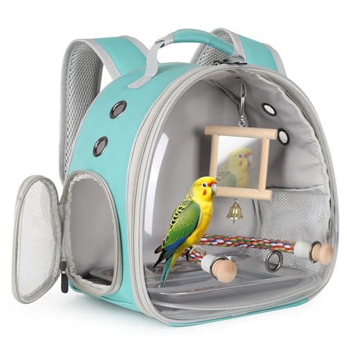 Parrot Travel Carrier Bubble Window Backpack with Mirror Standing Toy (Green / 12.0"L x 8.0"W x 12.0"H)