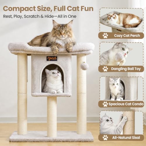 Cat Tree Tower Scratching Post for Indoor Large Adult Cats with Perch Bed (Light Grey / 28 Inches)