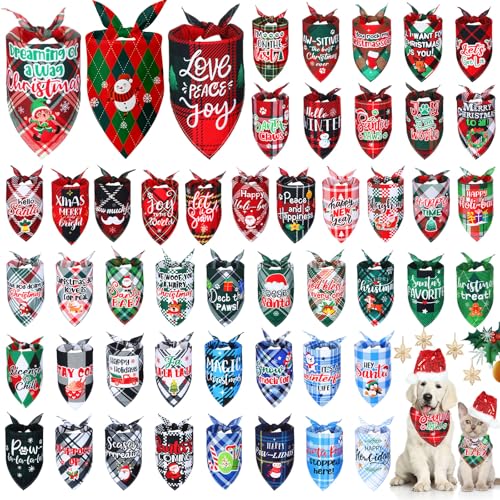50 Pcs Christmas Plaid Dog Bandanas for Large Small Dog (Christmas Plaid Dog)