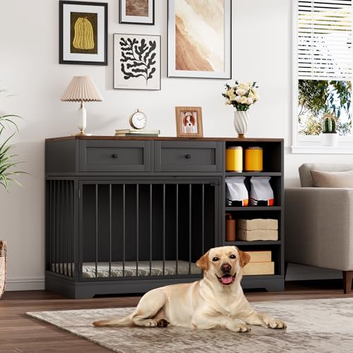 47" Medium Dog Crate Furniture with Storage (Black / 47.2"L x 23.6"W x 33.5"H)