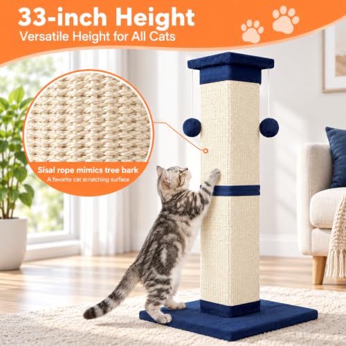 Cat Scratching Post 33 Inch Nature Sisal Scratch Post for Indoor Cats (Blue)