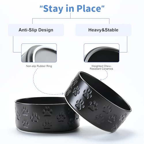Ceramic Dog and Cat Bowls 2 Pack (6.1 in - 3.6 cups / Paw Black - Only Bowls*2)