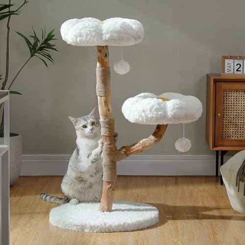 Modern Flower Cat Tree with Real Wood Branches & 2 Balls (Cloud White / 37.5" Solid Wood Cat Tree)