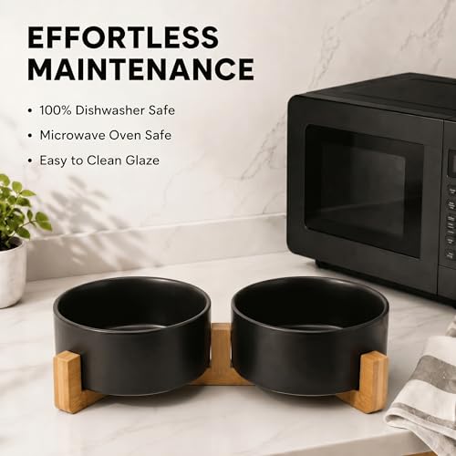 Ceramic Dog and Cat Bowl Set with Wooden Stand (3.6 cups / Black × 2)