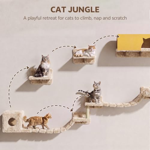 16-in-1 Cat Wall Shelves, Cat Furniture w/Tunnel & Bridge, Beige (Beige / 16-in-1)