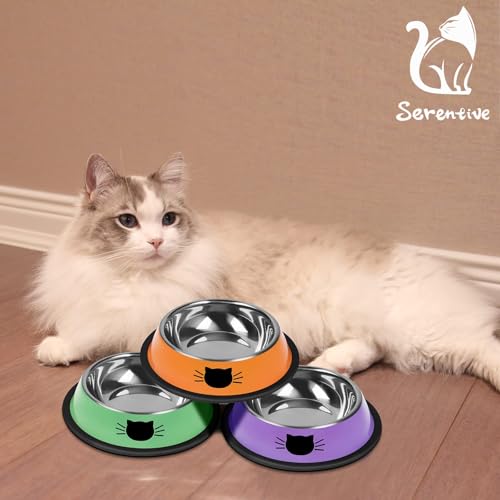 3 Pcs Non Slip Stainless Steel Small Cat Food Bowls (Purple, Green, Orange / 7 oz)