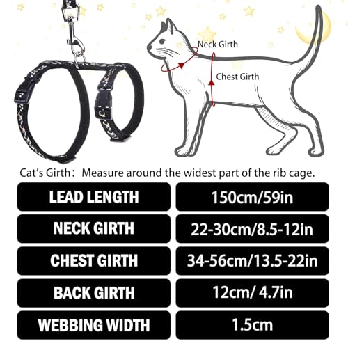 Adjustable Cat Harness and Leash Set Escape Proof Kitten Strap Collar for Walking Travel (Medium / Black(Moon&Star))