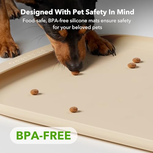 Cat Food Mat Safety Silicone Dog Food Mat for Feeder Fountain Waterproof Dog Bowl Mats Raised Edge Spill Protection Floor (Ivory / M-22"x16.5")
