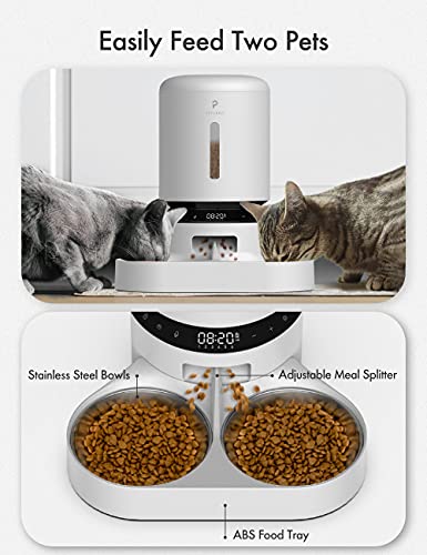 Automatic Cat Food Dispenser for 2 Pets 5L Auto Dog Feeder Dry Food Dispenser with Splitter & 2 Stainless Bowls (White / 5L (Basic))