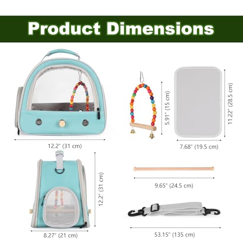 Portable Parrot Travel Cage Carrier with Small Swing Toy&Cage Colorful Toys Set Small Bird Parakeet Bag with Standing Perch Bird Carry Transport Bag (Green / 12.0"L x 7.0"W x 12.0"H)
