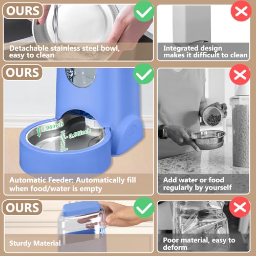 Portable Automatic Cat Feeder and Water Dispenser with Stainless Steel Bowl Dog Gravity Food Feeder and Waterer for Small Medium Pets Puppy Kitten 1 Gallon x 2 (Sapphire Blue)