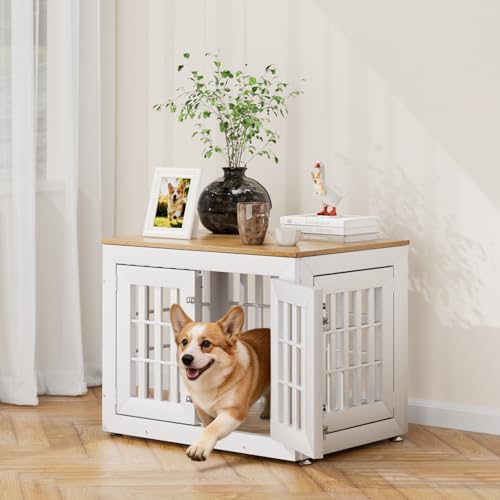32" Heavy Duty Dog Crate Furniture for Small (32.7"L x 24.4"W x 25.8"H / White+Wood)