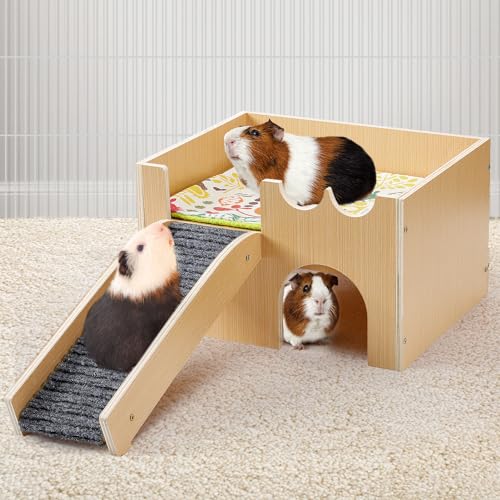 Upgraded Sturdy Wooden Guinea Pig Castle with Stairs & Mat (Small)