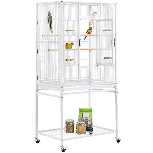 54" Large Flight Bird Cage for Parrots Macaw Cockatiels Sun Parakeets Lovebird Green Cheek Conures African Grey Small Quaker Amazon Parrots with Rolling Stand (White)