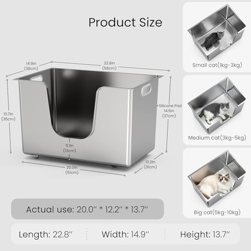 Enclosed Stainless Steel Cat Litter Box 13.8” High Sides (22.8"L x 14.9"W x 13.8"H)