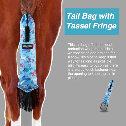 Smooth Lightweight Adjustable Fastener Nylon Horse Tail Bag with Fringe (Pony Print Blue)