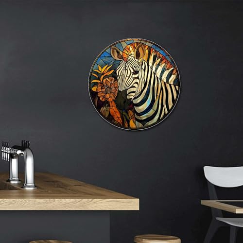 Metal Sign Tin Sign Circular Stained Glass Zebra Boho Office Decor for Gift 8×8 Inches (8×8 Inches / Zebra-2)