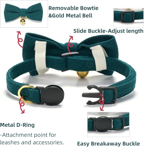 2 Pack Soft Corduroy Cat Collars with Bow Tie & Bell Adjustable Breakaway Kitten Bowtie Collar for Girl Boy Cats (S:Neck 7.0" - 11.0" / Corduroy-Orange Green)