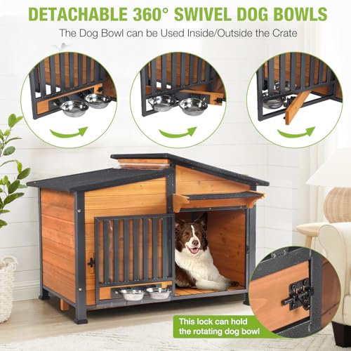 Dog House Outdoor with Bowls Weatherproof Dog Kennel with Anti