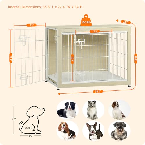 38.5" XL Dog Crate Furniture with Cushion (White Oak / 38.5"L x 25.6"W x 26.8"H)