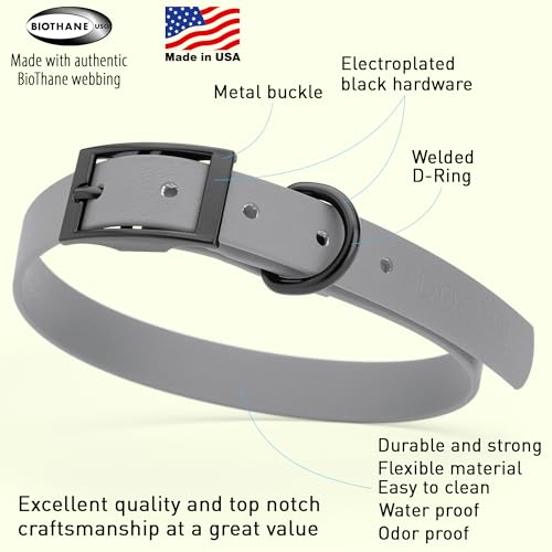 Biothane Waterproof Dog Collar Strong Coated Nylon Webbing with Black Hardware Odor (W3/4" x L15-18" / Battleship Gray)