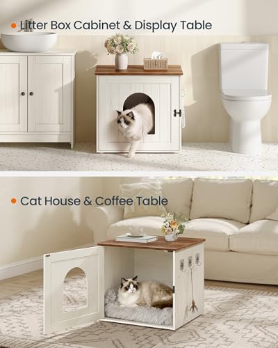 Toolless Assembly Litter Box Enclosure (Rustic White + Honey Brown / M (21.7"L x 19.7"W x 19.7"H))