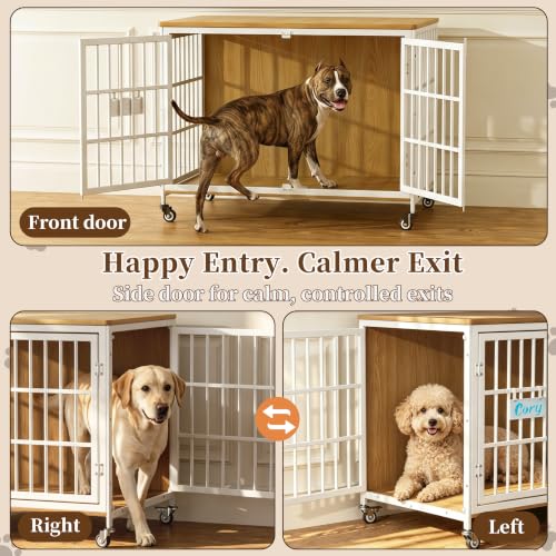 42 in Heavy Duty Dog Crate Furniture on Lockable Wheels (White & Beech / 42.1"L x 29.3"W x 31.2"H)