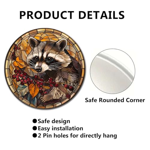 Metal Sign Tin Sign Circular Stained Glass Raccoon Minimalist Wall Art for Garage 8×8 Inches (8×8 Inches / Raccoon-1)