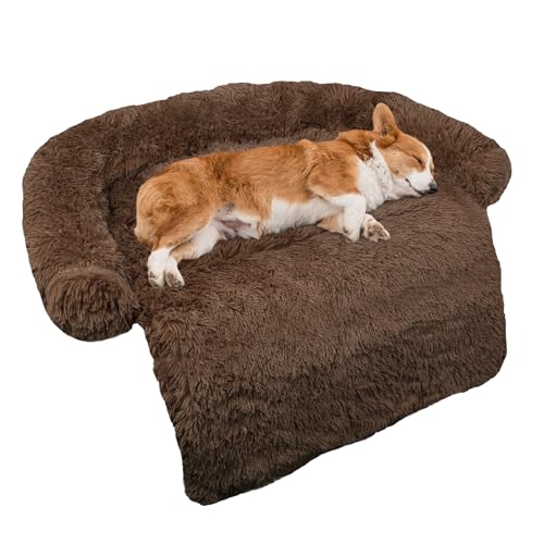 Calming Dog Bed Fluffy Plush Dog Mat for Furniture Protector with Removable Washable Cover for Large Medium Small Dogs and Cats (Coffee / 41.0"L x 37.0"W x 6.0"Th)