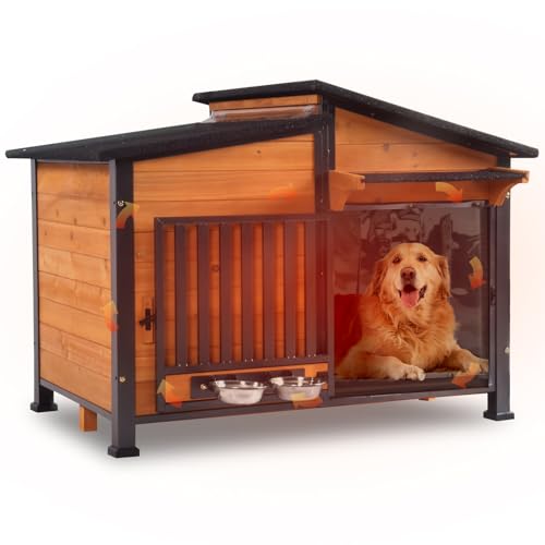 Outdoor Dog House Large Insulated Dog Kennel Weatherproof Dog Shelter with Chew