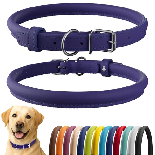 Tangle Free Rolled Leather Dog Collar (Purple / XXL)