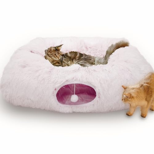 Extra Large Cat Tunnel Bed Plush Cat Cave for Indoor Cats (Pinkish White)